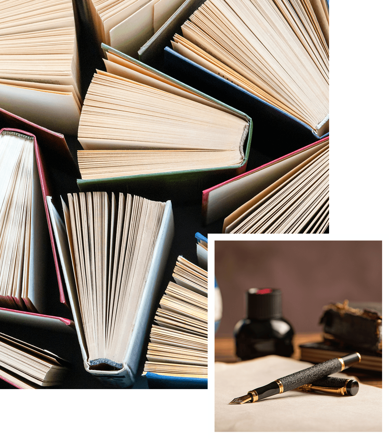 Books and fountain pen with ink bottle.