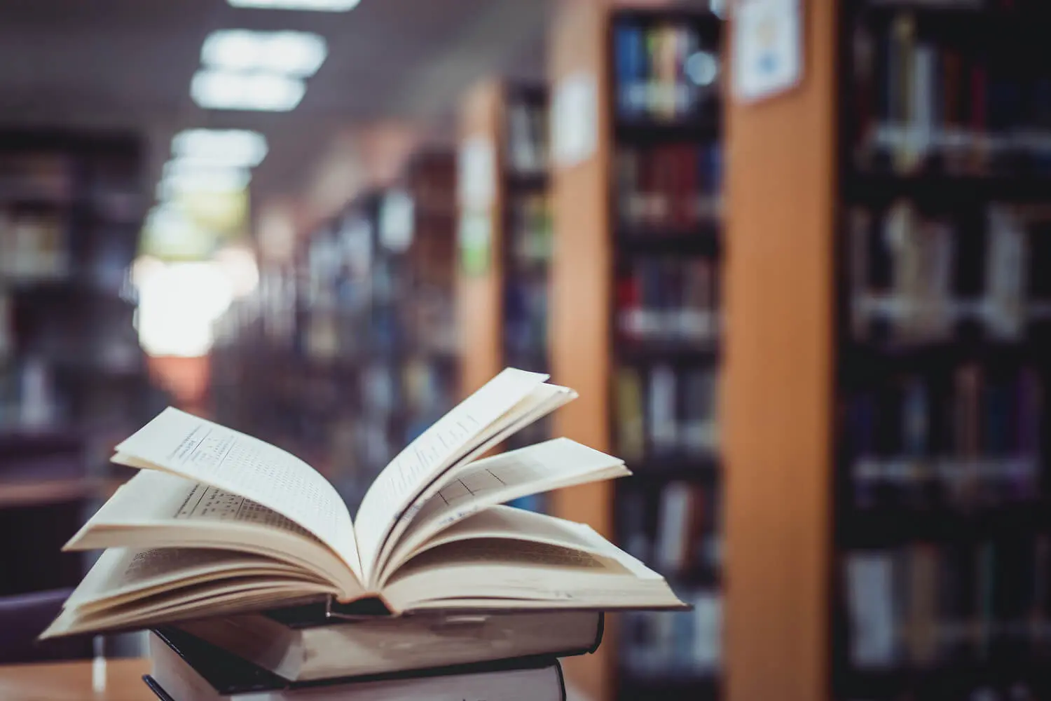 Open book in a library setting.