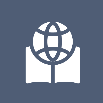 Globe on open book icon, gray background.